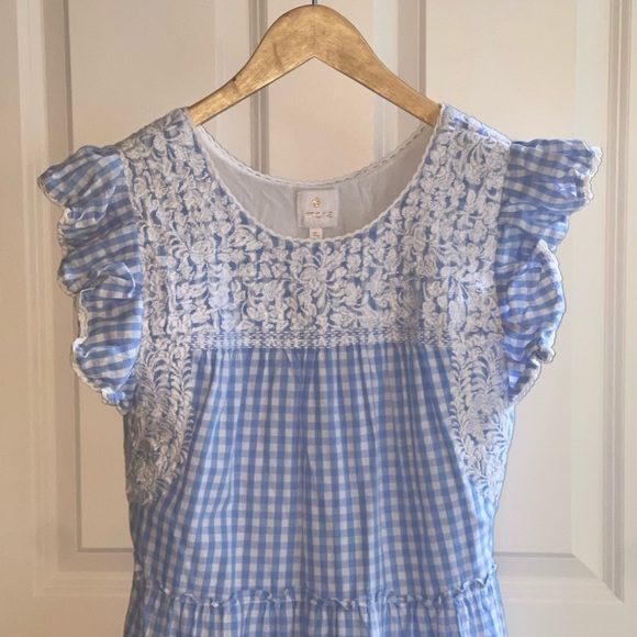 J. MARIE Women's Coco Midi Dress Blue White Gingham Lace Accent Prairie Tier XS - Picture 2 of 9